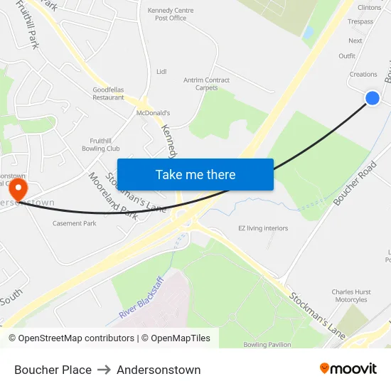 Boucher Place to Andersonstown map