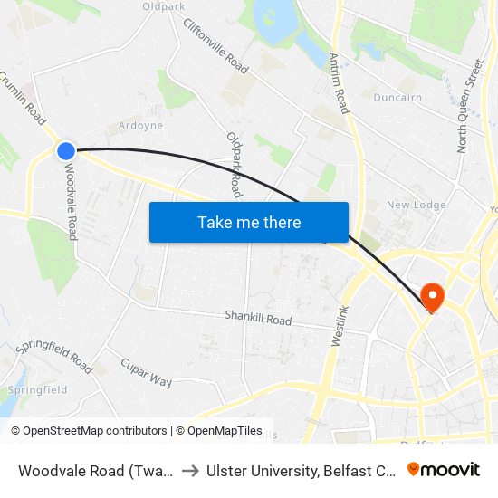 Woodvale Road (Twaddell) to Ulster University, Belfast Campus map