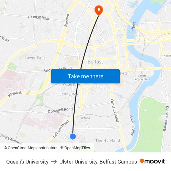 Queen's University to Ulster University, Belfast Campus map