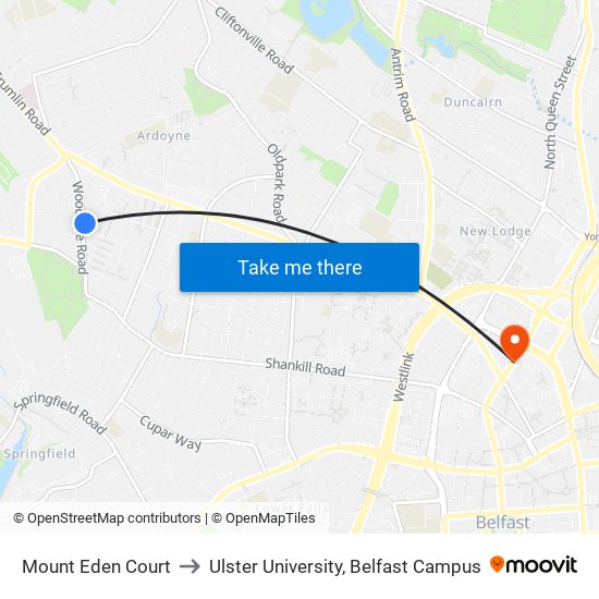 Mount Eden Court to Ulster University, Belfast Campus map