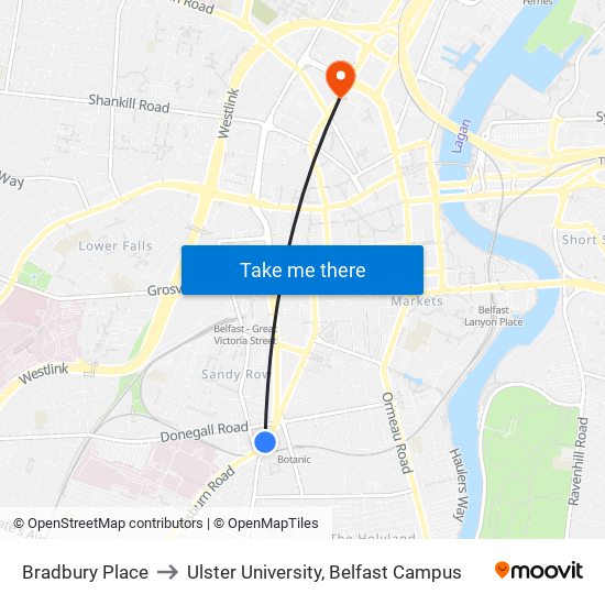 Bradbury Place to Ulster University, Belfast Campus map