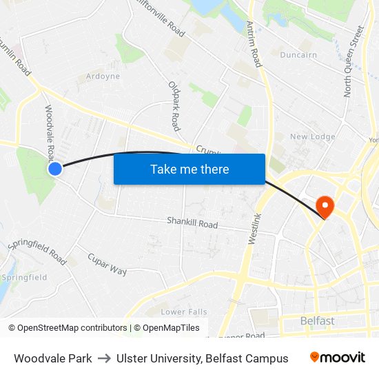 Woodvale Park to Ulster University, Belfast Campus map