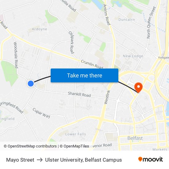 Mayo Street to Ulster University, Belfast Campus map