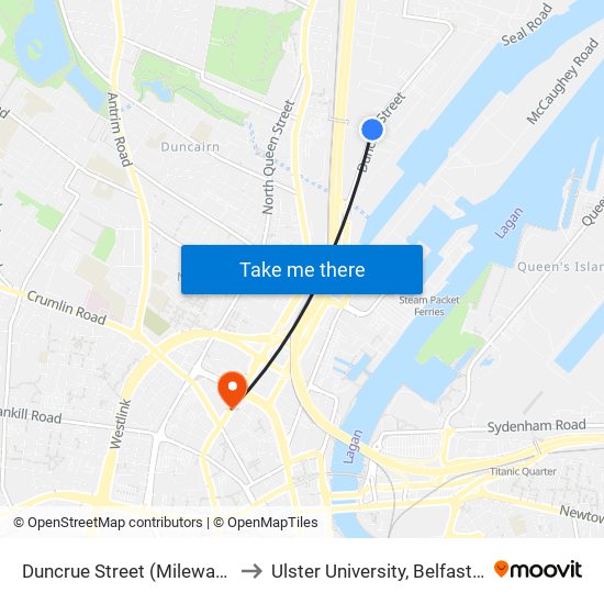 Duncrue Street (Milewater Road) to Ulster University, Belfast Campus map
