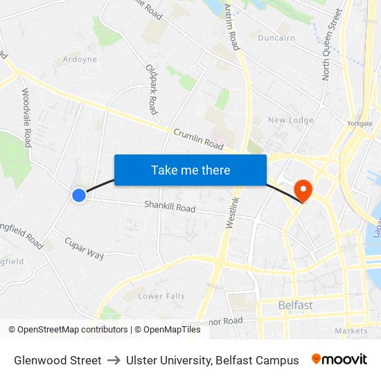 Glenwood Street to Ulster University, Belfast Campus map