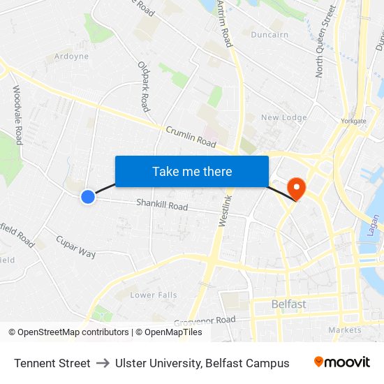 Tennent Street to Ulster University, Belfast Campus map