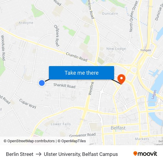 Berlin Street to Ulster University, Belfast Campus map