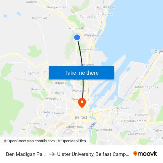 Ben Madigan Park to Ulster University, Belfast Campus map