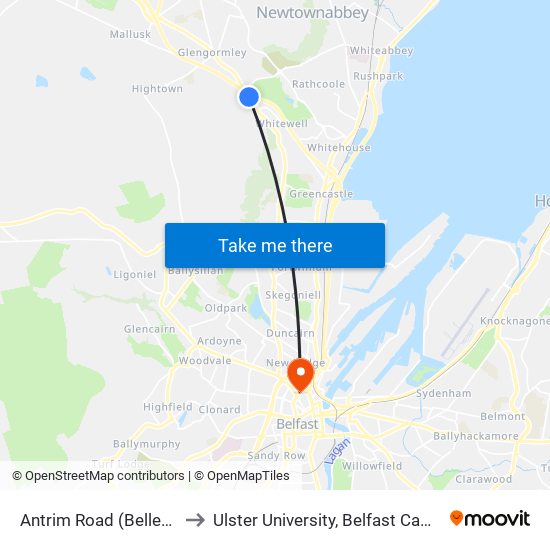 Antrim Road (Bellevue) to Ulster University, Belfast Campus map