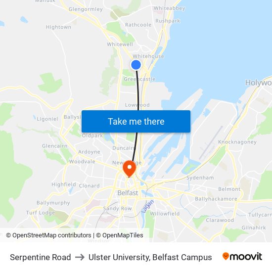 Serpentine Road to Ulster University, Belfast Campus map