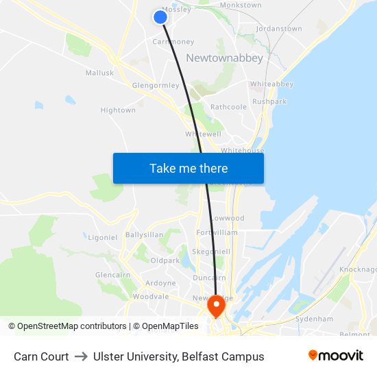 Carn Court to Ulster University, Belfast Campus map