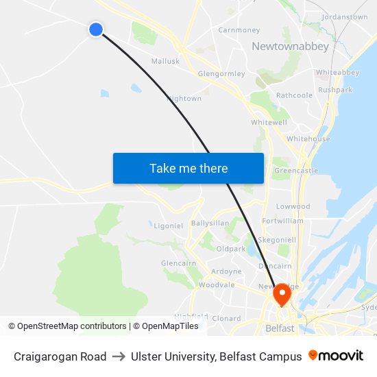 Craigarogan Road to Ulster University, Belfast Campus map