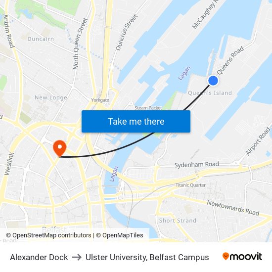 Alexander Dock to Ulster University, Belfast Campus map