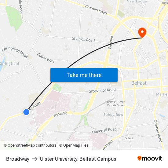 Broadway to Ulster University, Belfast Campus map