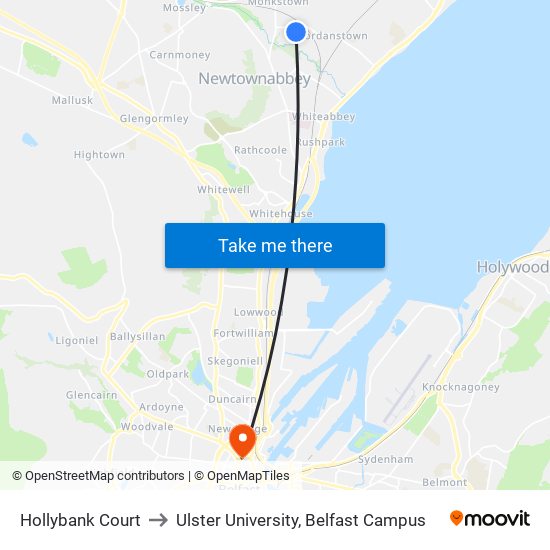 Hollybank Court to Ulster University, Belfast Campus map