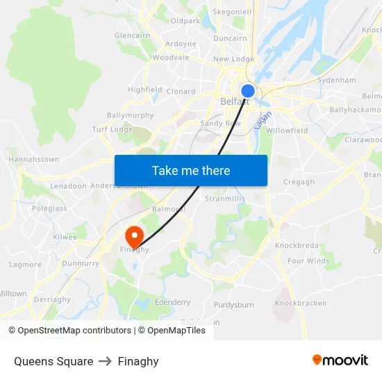 Queens Square to Finaghy map