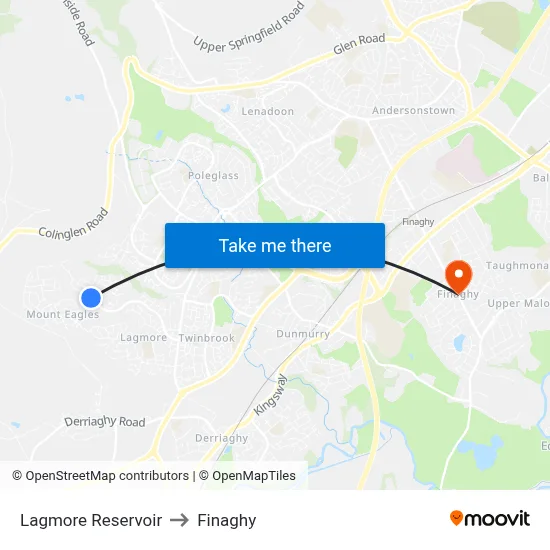 Lagmore Reservoir to Finaghy map