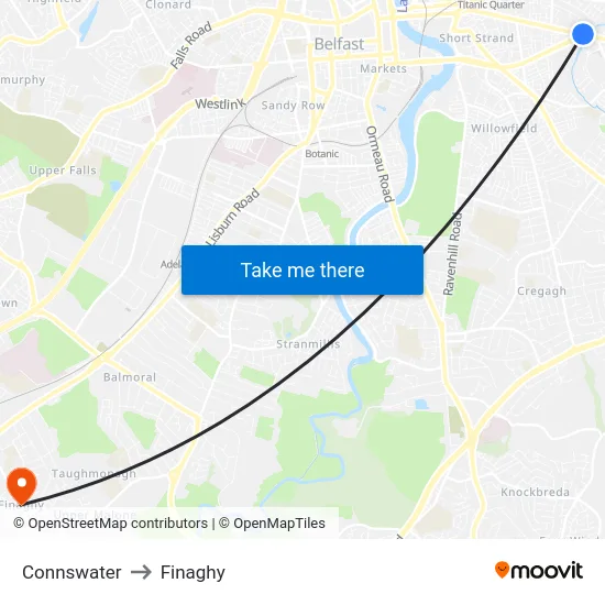 Connswater to Finaghy map