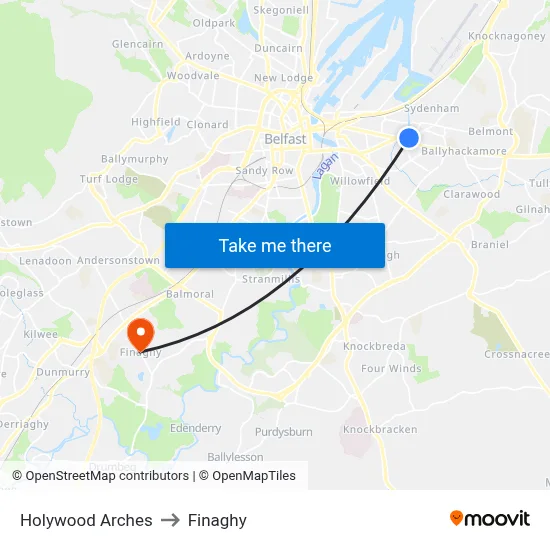 Holywood Arches to Finaghy map