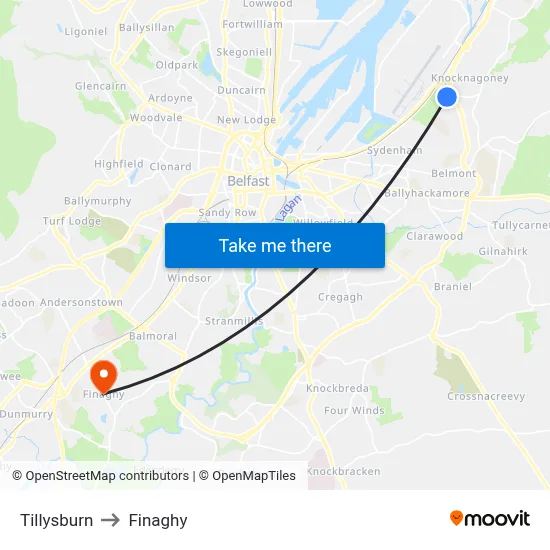 Tillysburn to Finaghy map