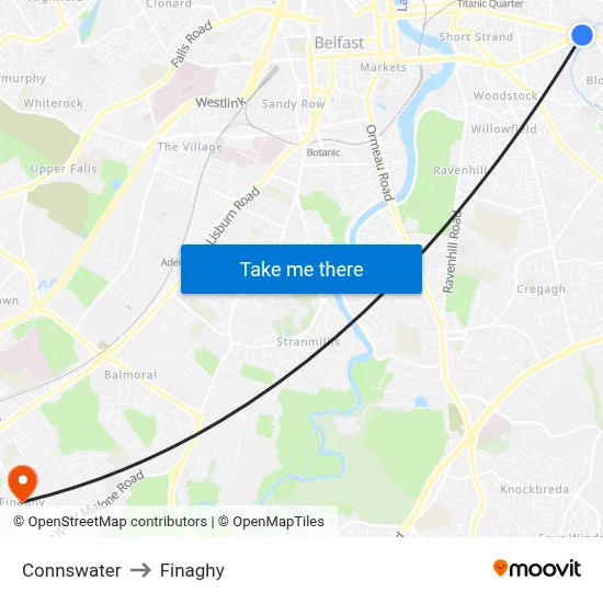 Connswater to Finaghy map