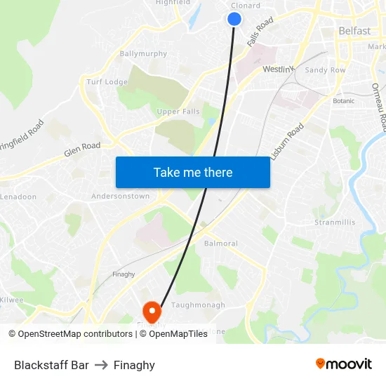 Blackstaff Bar to Finaghy map