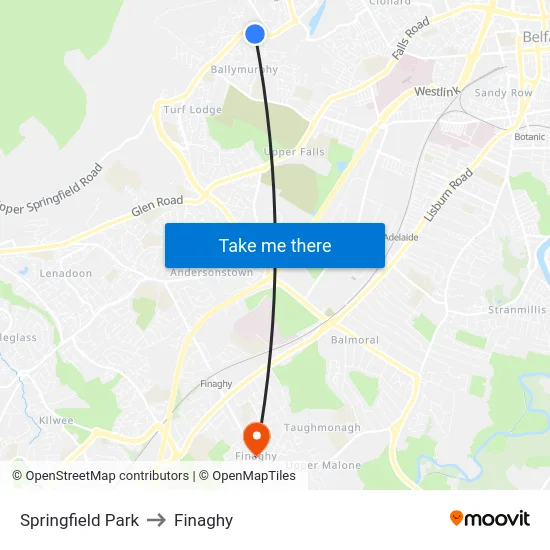Springfield Park to Finaghy map