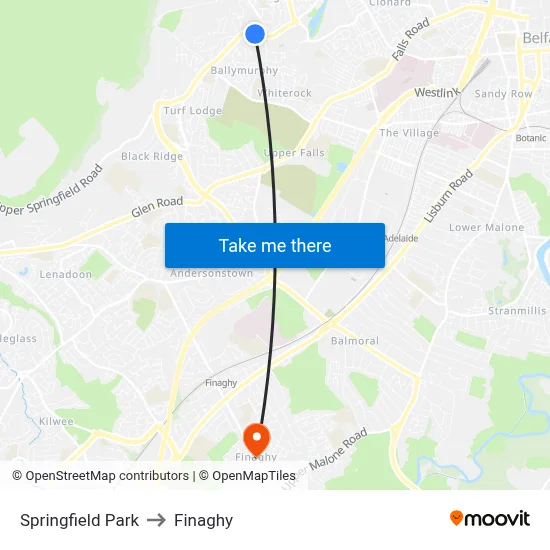 Springfield Park to Finaghy map