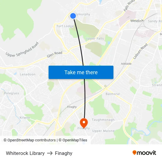 Whiterock Library to Finaghy map