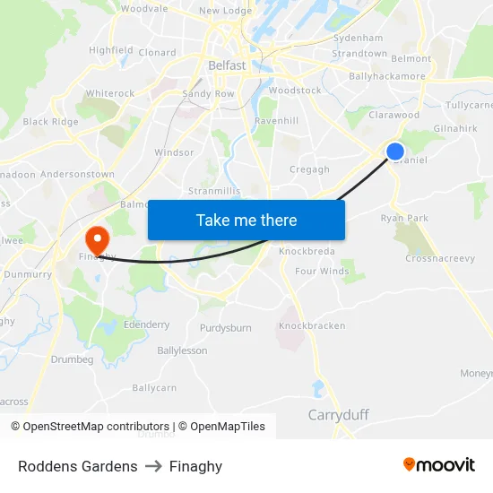 Roddens Gardens to Finaghy map
