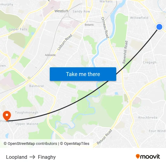 Loopland to Finaghy map