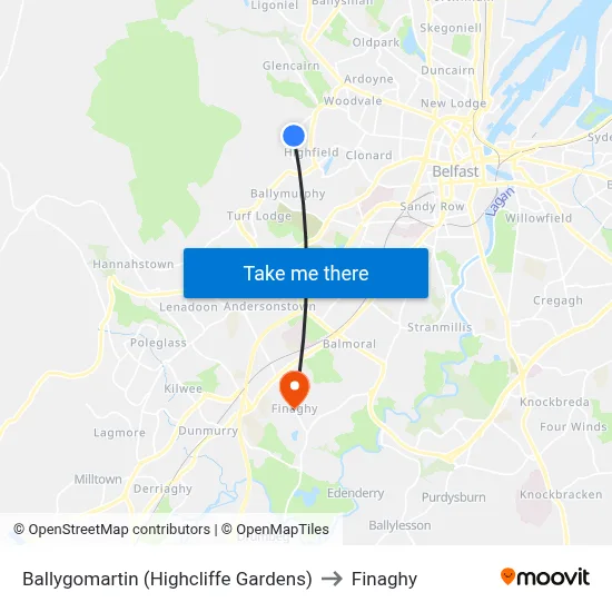 Ballygomartin (Highcliffe Gardens) to Finaghy map