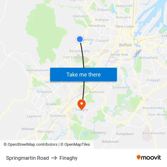 Springmartin Road to Finaghy map