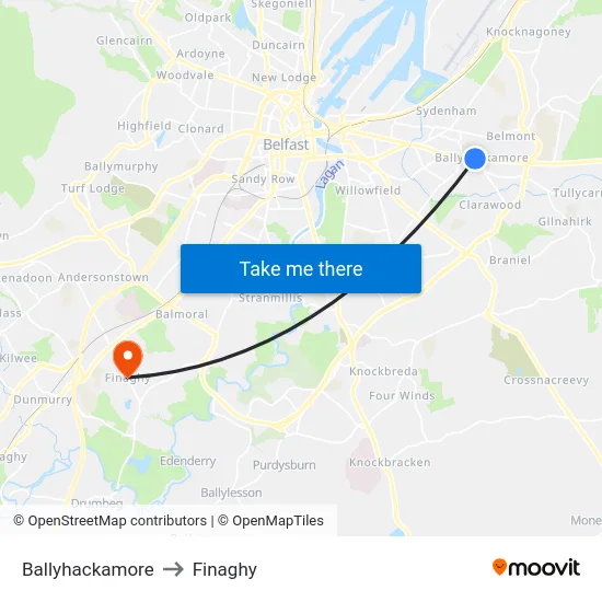 Ballyhackamore to Finaghy map