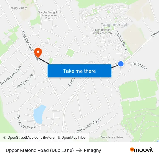 Upper Malone Road (Dub Lane) to Finaghy map