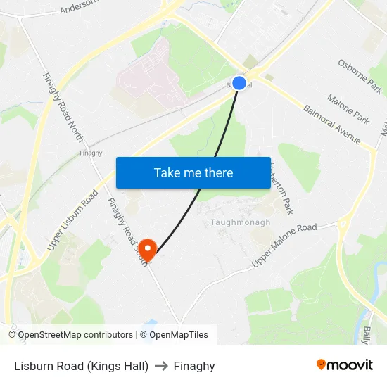 Lisburn Road (Kings Hall) to Finaghy map