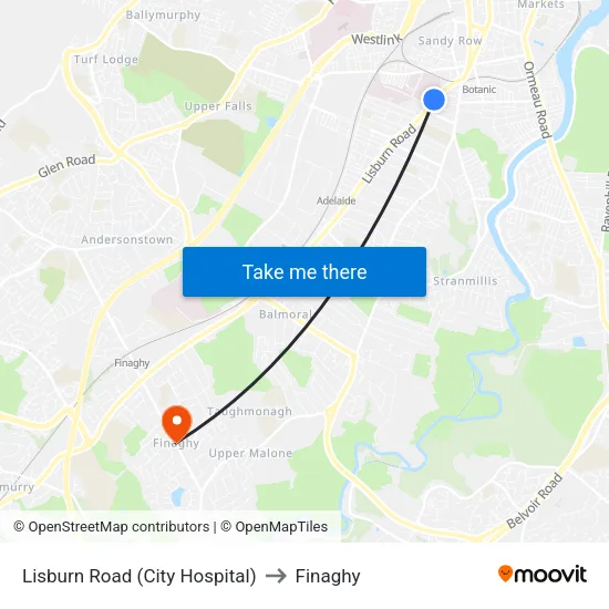 Lisburn Road (City Hospital) to Finaghy map