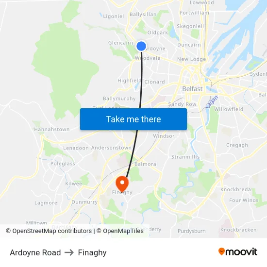 Ardoyne Road to Finaghy map