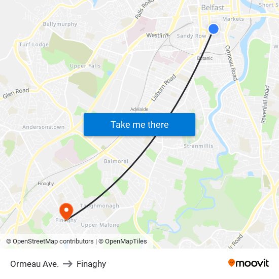 Ormeau Ave. to Finaghy map