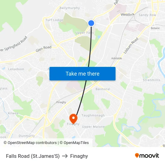 Falls Road (St.James'S) to Finaghy map