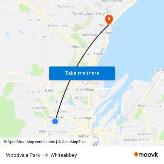 Woodvale Park to Whiteabbey map