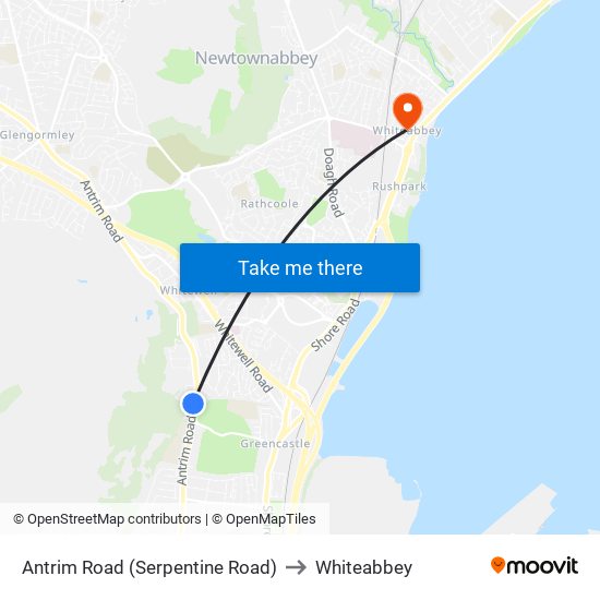 Antrim Road (Serpentine Road) to Whiteabbey map