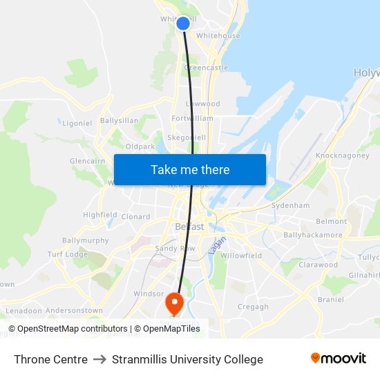 Throne Centre to Stranmillis University College map