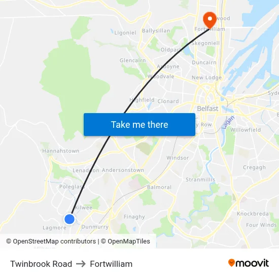 Twinbrook Road to Fortwilliam map