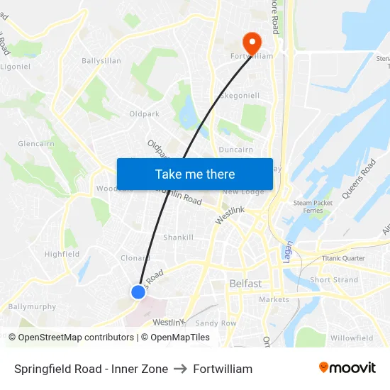 Springfield Road - Inner Zone to Fortwilliam map