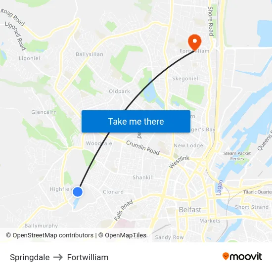 Springdale to Fortwilliam map