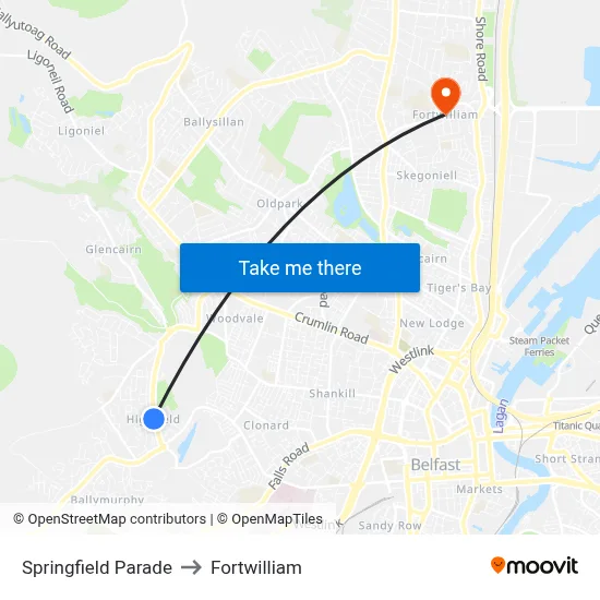 Springfield Parade to Fortwilliam map