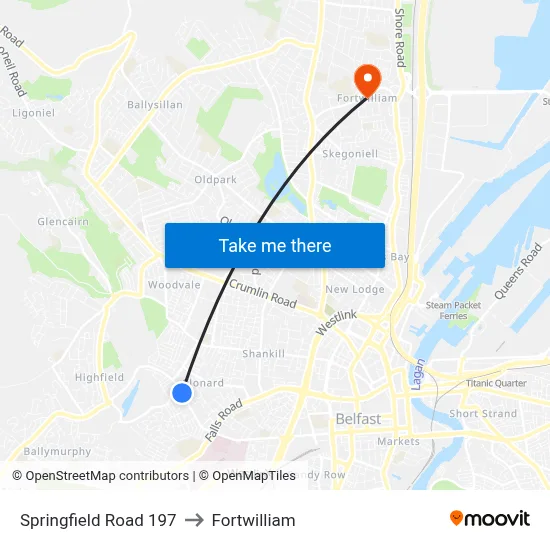Springfield Road 197 to Fortwilliam map