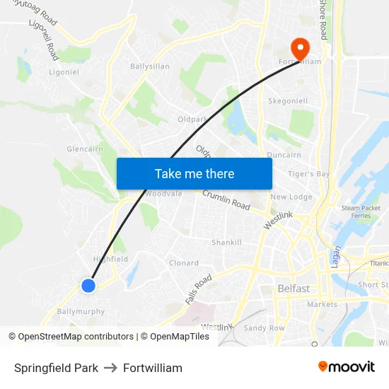 Springfield Park to Fortwilliam map