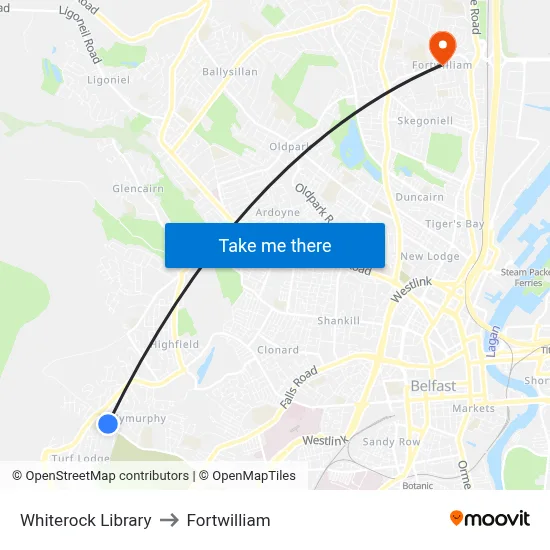 Whiterock Library to Fortwilliam map